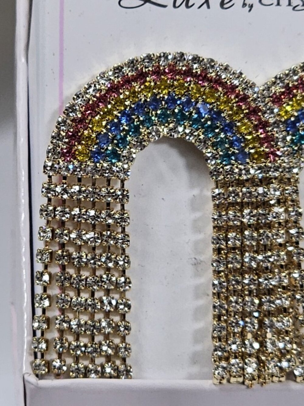 Luxe by City x City Rainbow Rhinestone Dangle Earrings Statement piece Jewelry - Picture 2 of 5
